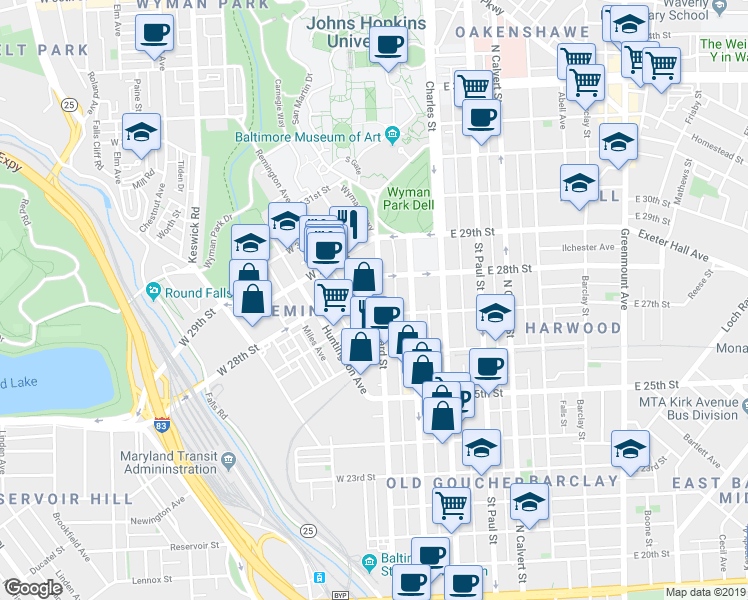 map of restaurants, bars, coffee shops, grocery stores, and more near 2706 North Howard Street in Baltimore