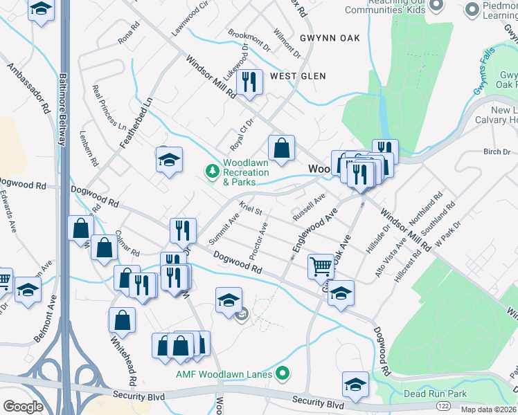 map of restaurants, bars, coffee shops, grocery stores, and more near 6506 Kriel Street in Woodlawn