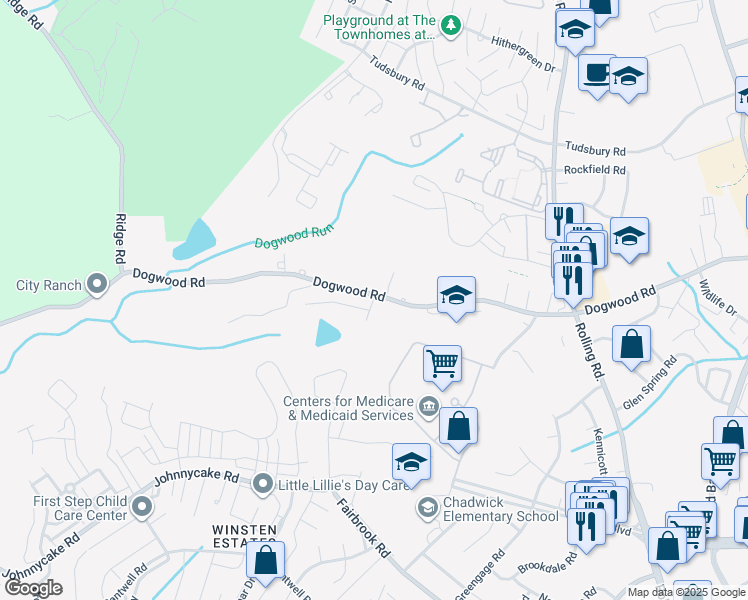 map of restaurants, bars, coffee shops, grocery stores, and more near 7273 Clarity Court in Woodlawn