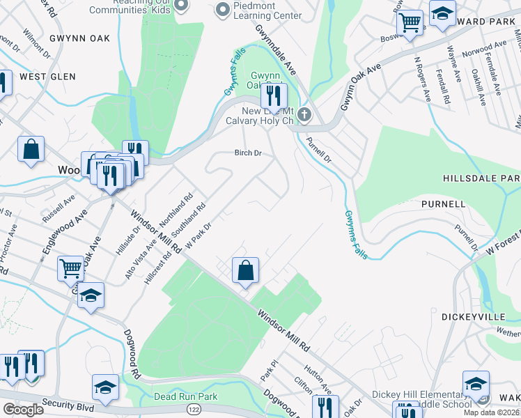 map of restaurants, bars, coffee shops, grocery stores, and more near 2810 Poplar Drive in Woodlawn