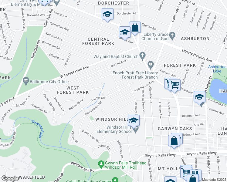 map of restaurants, bars, coffee shops, grocery stores, and more near 4118 Fairfax Rd in Baltimore