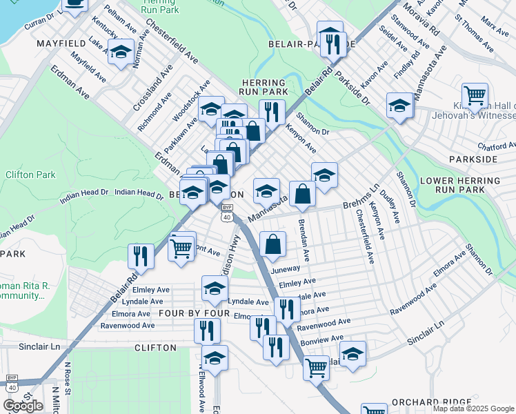 map of restaurants, bars, coffee shops, grocery stores, and more near 3058 Mayfield Avenue in Baltimore