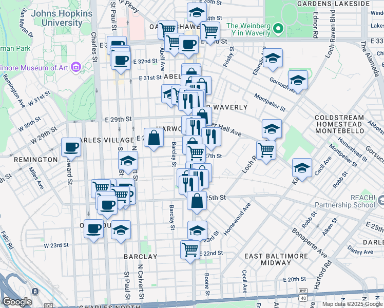 map of restaurants, bars, coffee shops, grocery stores, and more near 2700 Maryland 45 in Baltimore