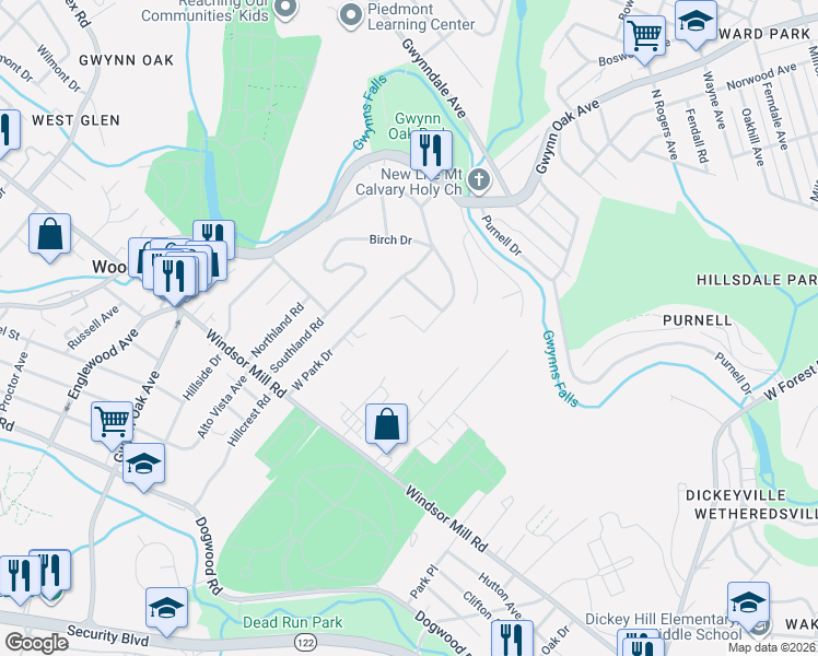 map of restaurants, bars, coffee shops, grocery stores, and more near 2810 Poplar Drive in Woodlawn
