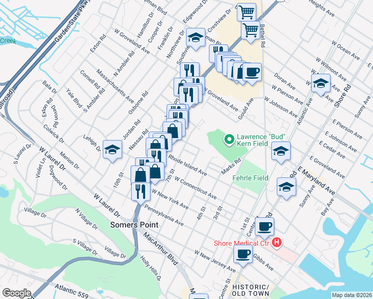 map of restaurants, bars, coffee shops, grocery stores, and more near 508 7th Street in Somers Point