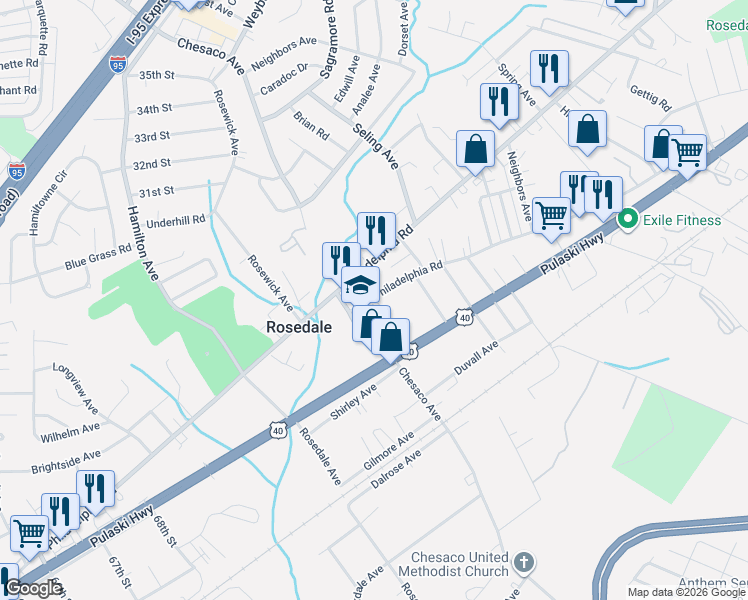 map of restaurants, bars, coffee shops, grocery stores, and more near 8013 Old Philadelphia Road in Rosedale