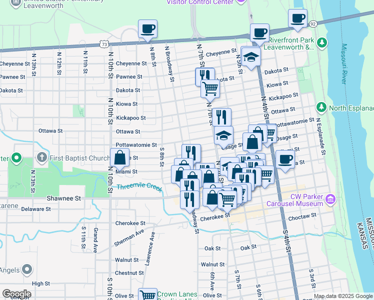 map of restaurants, bars, coffee shops, grocery stores, and more near 406 North Broadway Street in Leavenworth