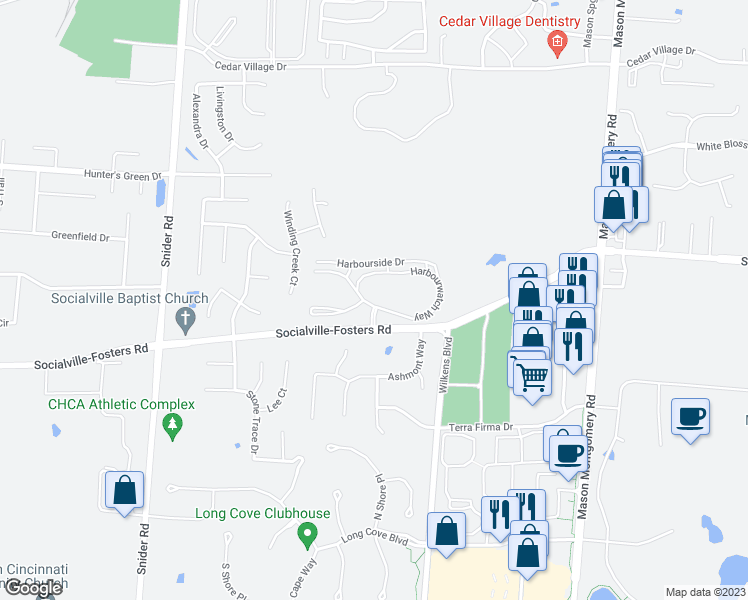 map of restaurants, bars, coffee shops, grocery stores, and more near 5664 Harbourwatch Way in Mason
