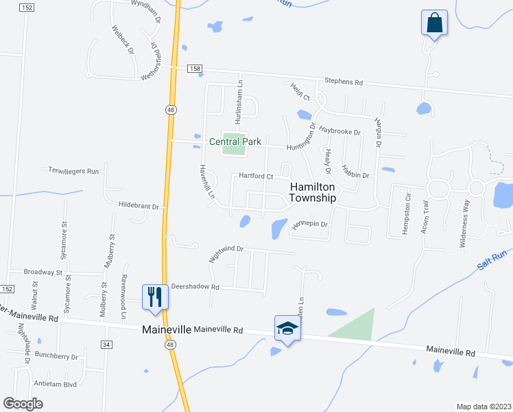 map of restaurants, bars, coffee shops, grocery stores, and more near 7710 Haverhill Lane in Maineville