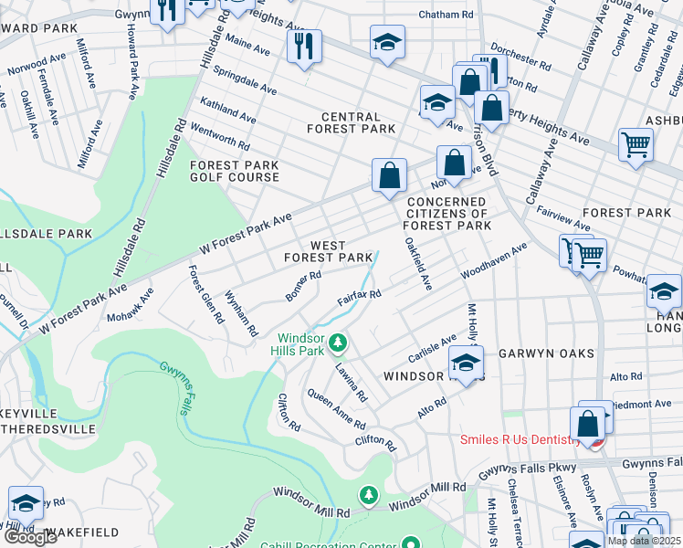 map of restaurants, bars, coffee shops, grocery stores, and more near 4233 Bonner Road in Baltimore