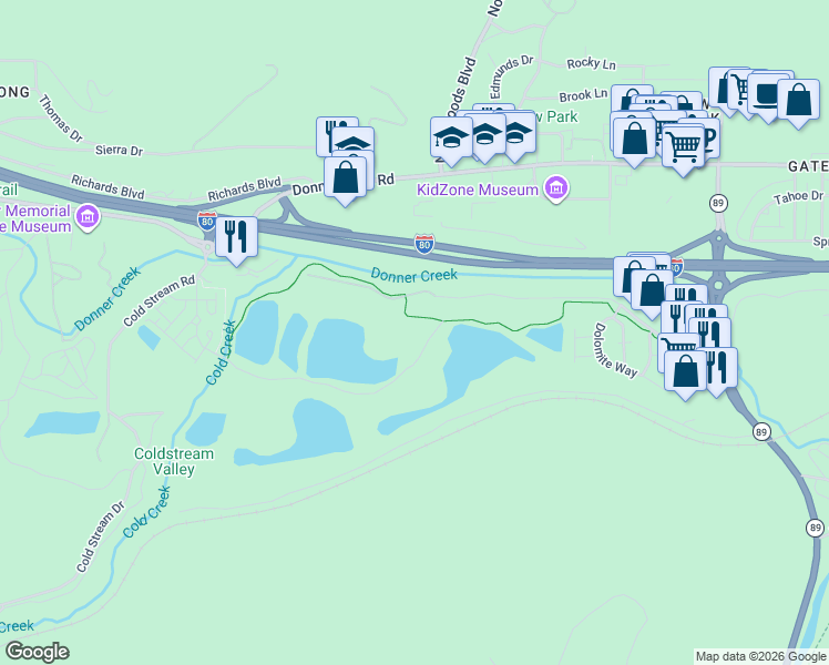 map of restaurants, bars, coffee shops, grocery stores, and more near 12005 Deerfield Drive in Truckee