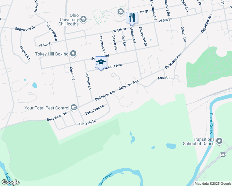 map of restaurants, bars, coffee shops, grocery stores, and more near 415 Summit Drive in Chillicothe