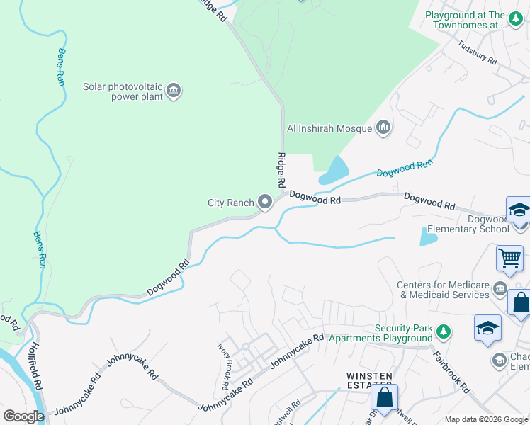 map of restaurants, bars, coffee shops, grocery stores, and more near 7613 Dogwood Road in Woodlawn