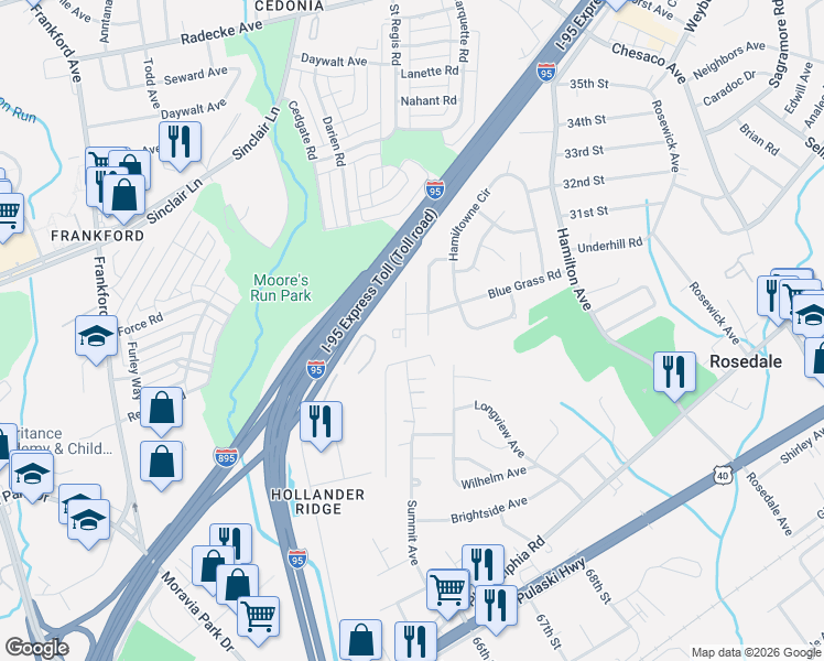 map of restaurants, bars, coffee shops, grocery stores, and more near 2215 Bluegrass Heights Court in Rosedale