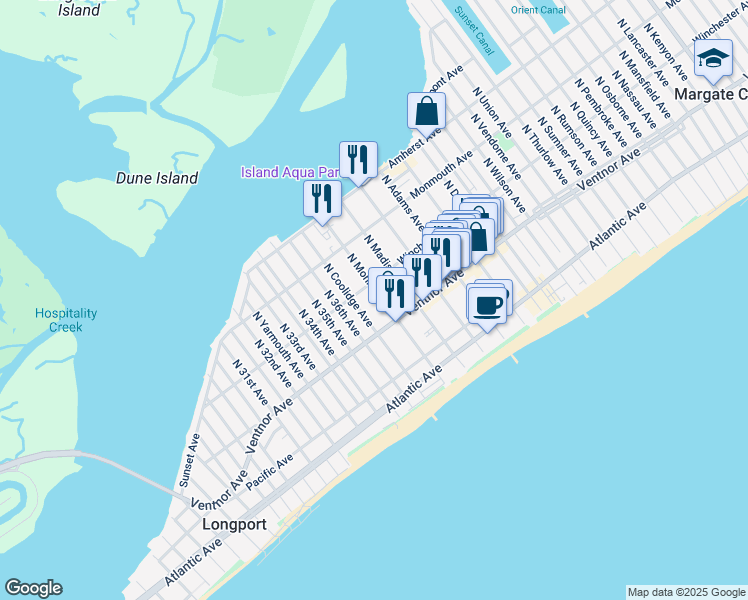 map of restaurants, bars, coffee shops, grocery stores, and more near 16 North Monroe Avenue in Margate City