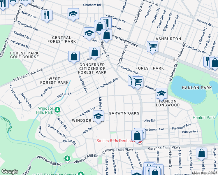 map of restaurants, bars, coffee shops, grocery stores, and more near 2913 Chelsea Terrace in Baltimore