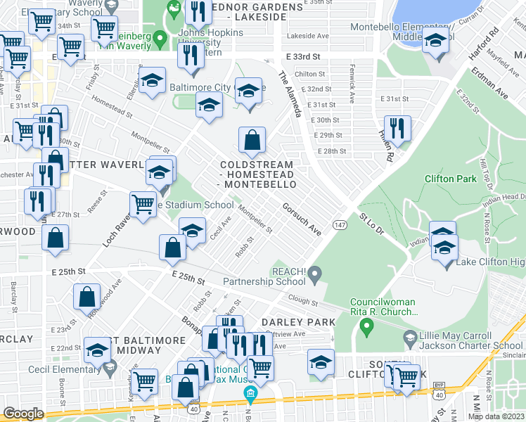 map of restaurants, bars, coffee shops, grocery stores, and more near 1605 Homestead Street in Baltimore