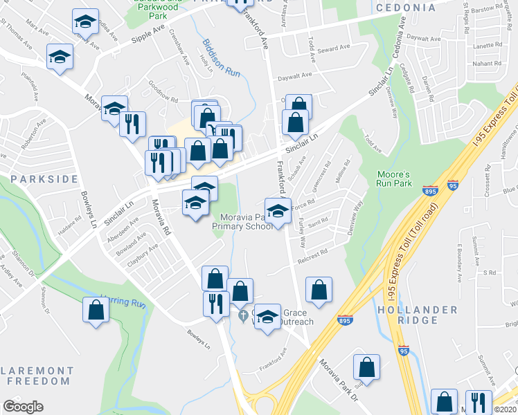 map of restaurants, bars, coffee shops, grocery stores, and more near 5619 Frankford Avenue in Baltimore