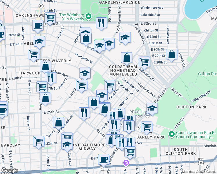 map of restaurants, bars, coffee shops, grocery stores, and more near 2606 Kirk Avenue in Baltimore