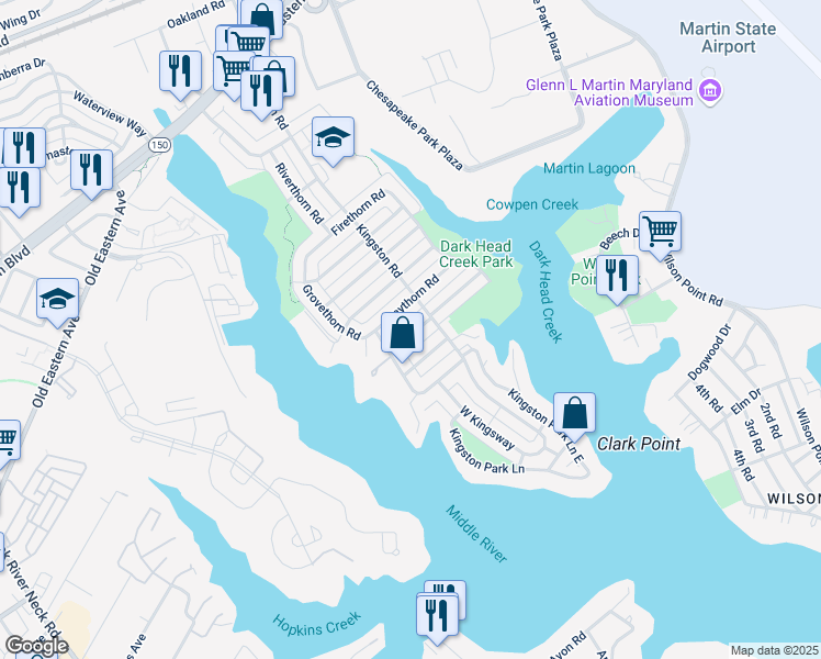 map of restaurants, bars, coffee shops, grocery stores, and more near 2117 Southorn Road in Middle River