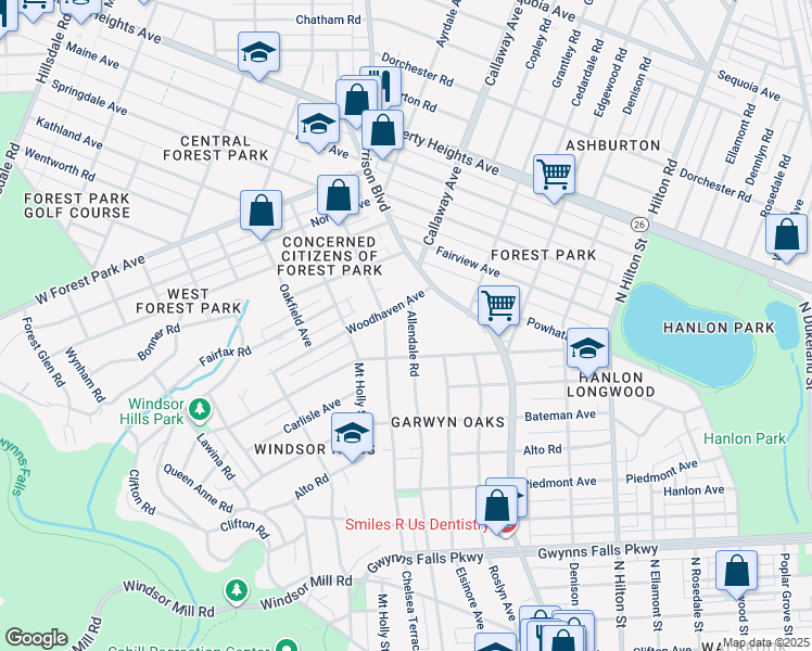 map of restaurants, bars, coffee shops, grocery stores, and more near 2912 Allendale Road in Baltimore