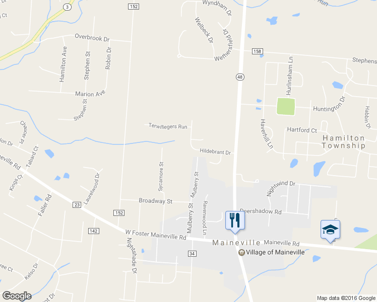 map of restaurants, bars, coffee shops, grocery stores, and more near 199 Hildebrant Drive in Maineville