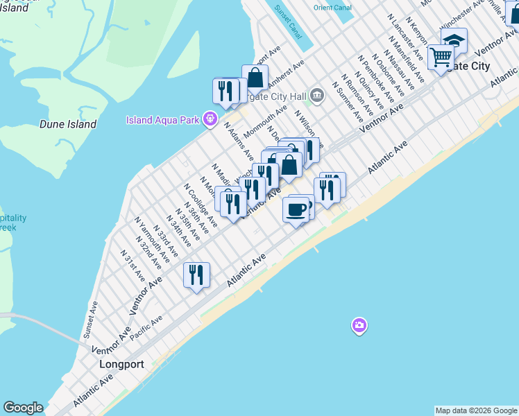 map of restaurants, bars, coffee shops, grocery stores, and more near 9504 Ventnor Avenue in Margate City