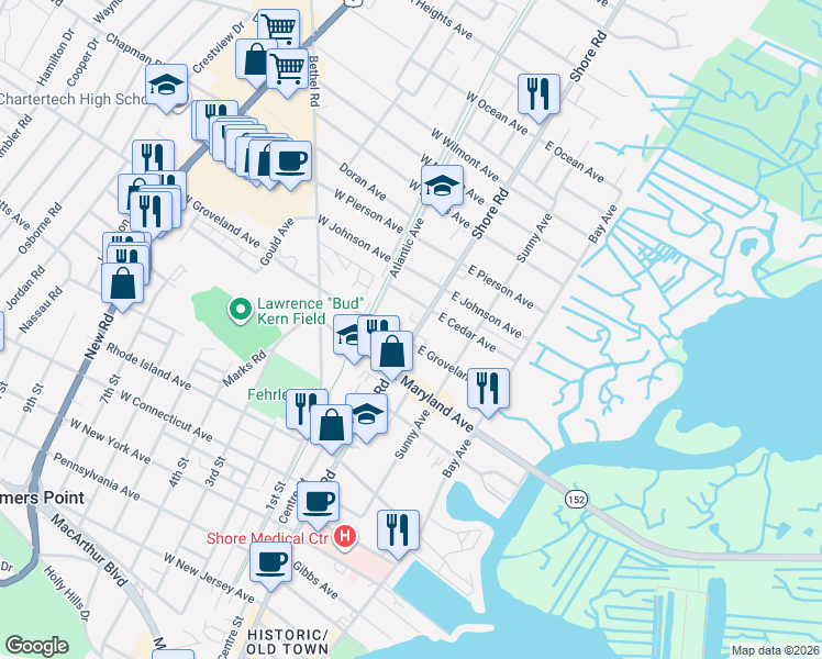map of restaurants, bars, coffee shops, grocery stores, and more near 421 Shore Road in Somers Point