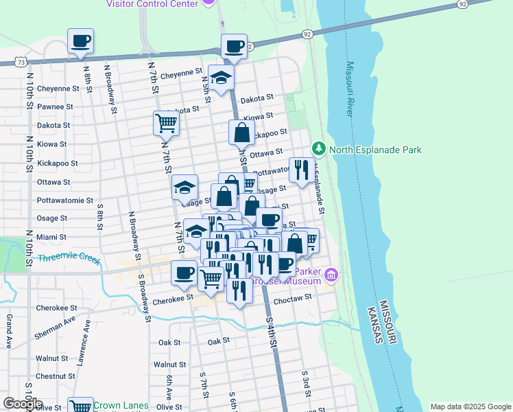 map of restaurants, bars, coffee shops, grocery stores, and more near 300 North 4th Street in Leavenworth