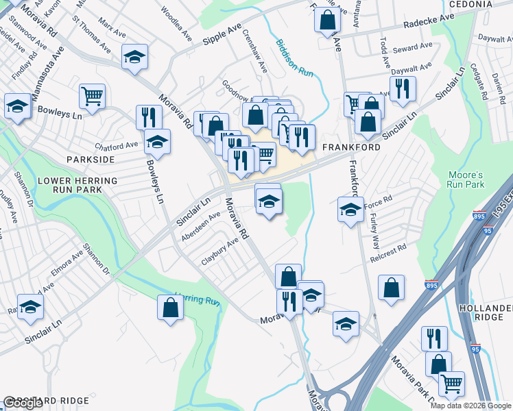map of restaurants, bars, coffee shops, grocery stores, and more near 5055 Aberdeen Avenue in Baltimore