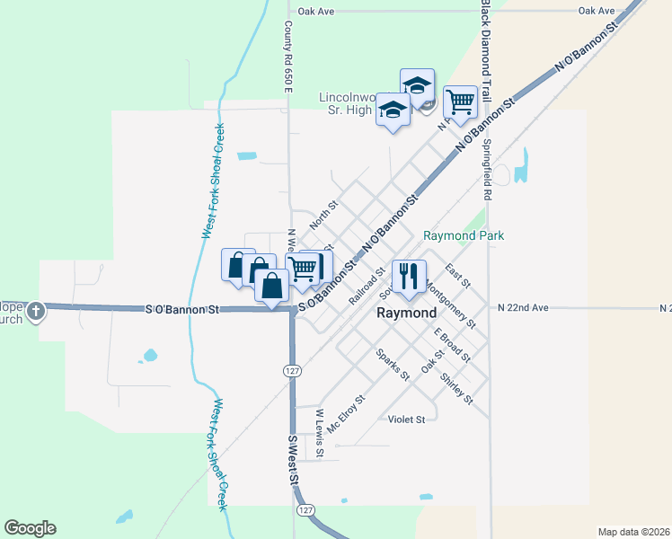 map of restaurants, bars, coffee shops, grocery stores, and more near 112 South O'Bannon Street in Raymond