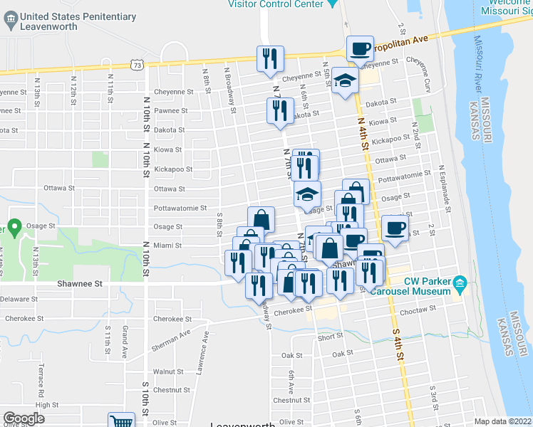 map of restaurants, bars, coffee shops, grocery stores, and more near 734 Osage Street in Leavenworth