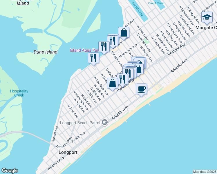 map of restaurants, bars, coffee shops, grocery stores, and more near 16 North Monroe Avenue in Margate City