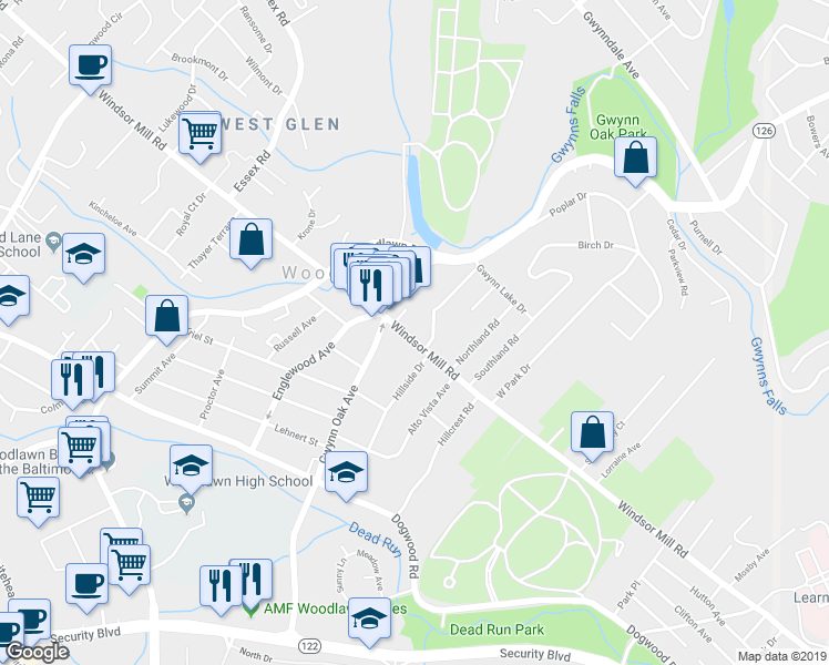 map of restaurants, bars, coffee shops, grocery stores, and more near 6314 Windsor Mill Road in Woodlawn