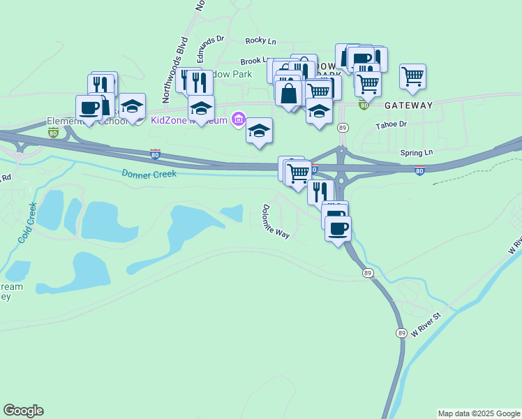 map of restaurants, bars, coffee shops, grocery stores, and more near 11679 McClintock Loop in Truckee