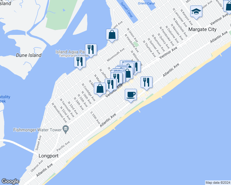 map of restaurants, bars, coffee shops, grocery stores, and more near 9504 Ventnor Avenue in Margate City