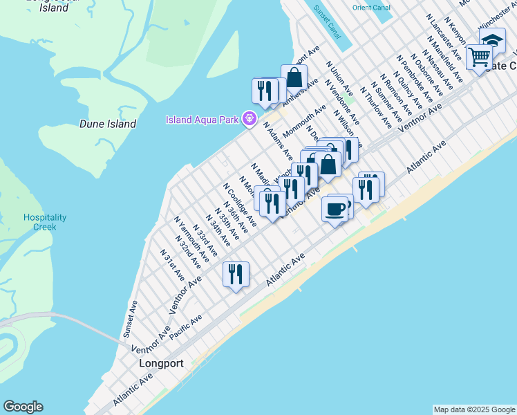 map of restaurants, bars, coffee shops, grocery stores, and more near 16 North Monroe Avenue in Margate City