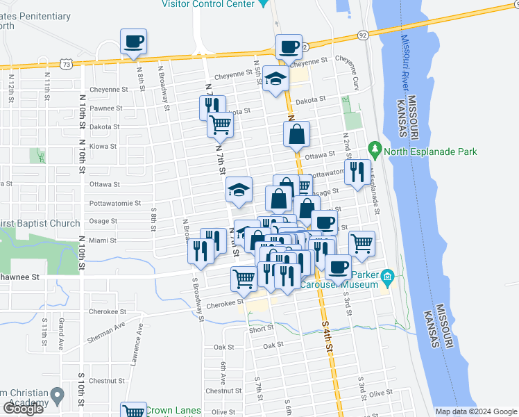 map of restaurants, bars, coffee shops, grocery stores, and more near 521 Osage Street in Leavenworth