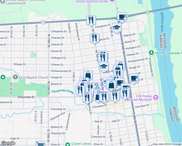 map of restaurants, bars, coffee shops, grocery stores, and more near 406 North Broadway Street in Leavenworth