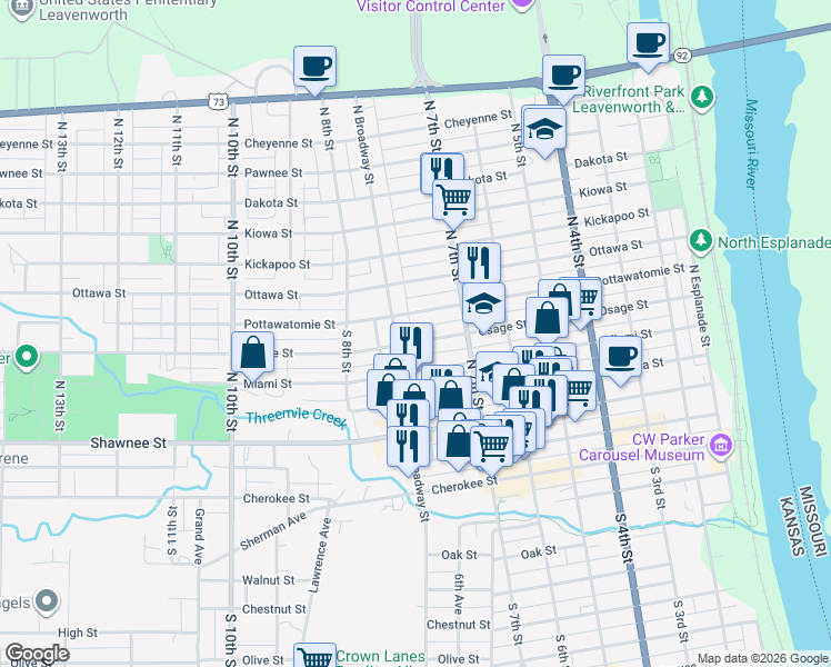 map of restaurants, bars, coffee shops, grocery stores, and more near 406 North Broadway Street in Leavenworth