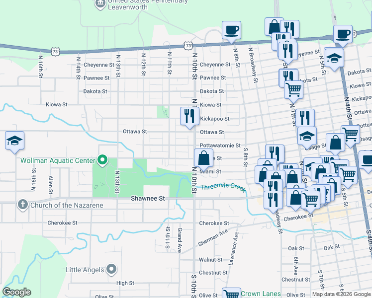 map of restaurants, bars, coffee shops, grocery stores, and more near 1011 Pottawatomie Street in Leavenworth