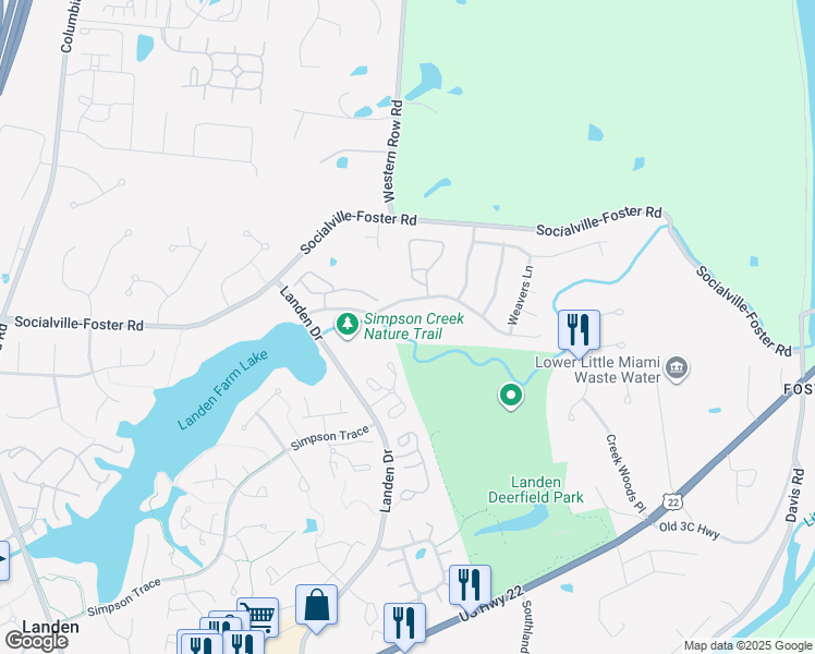 map of restaurants, bars, coffee shops, grocery stores, and more near 2675 Carriagegate Lane in Maineville