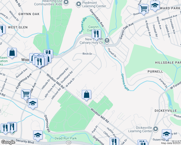 map of restaurants, bars, coffee shops, grocery stores, and more near 2812 Poplar Drive in Woodlawn