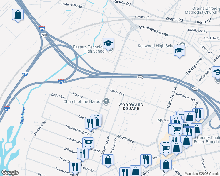 map of restaurants, bars, coffee shops, grocery stores, and more near 400 Essex Avenue in Essex
