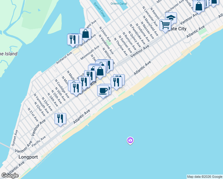 map of restaurants, bars, coffee shops, grocery stores, and more near 9219 South Washington Avenue in Margate City