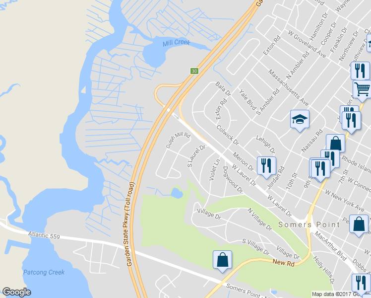 map of restaurants, bars, coffee shops, grocery stores, and more near 4 Gulph Mill Road in Somers Point
