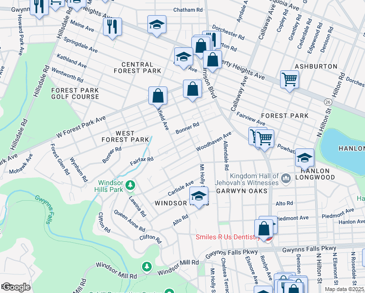 map of restaurants, bars, coffee shops, grocery stores, and more near 4029 Fairfax Road in Baltimore