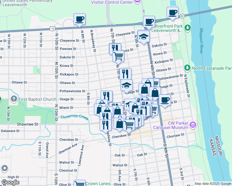 map of restaurants, bars, coffee shops, grocery stores, and more near 714 Osage Street in Leavenworth
