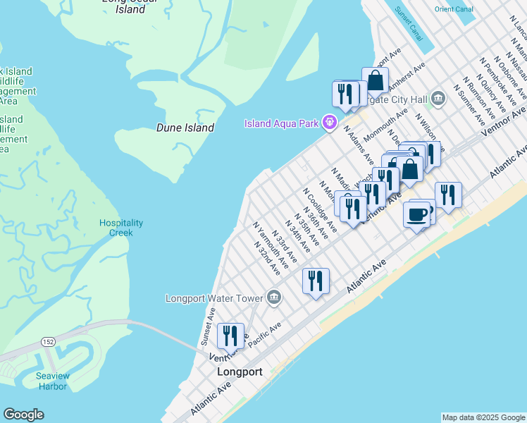 map of restaurants, bars, coffee shops, grocery stores, and more near 3301 Monmouth Avenue in Longport