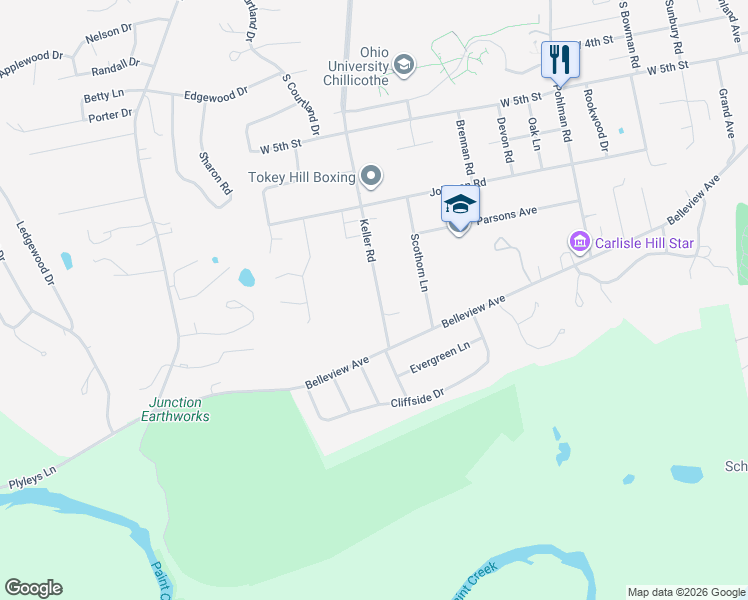 map of restaurants, bars, coffee shops, grocery stores, and more near 528 Keller Road in Chillicothe